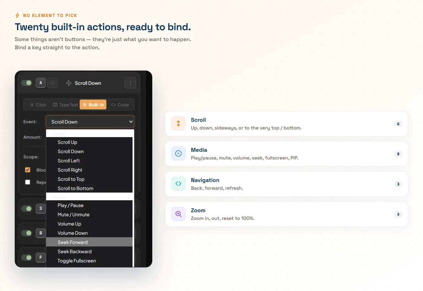 The built-in events dropdown showing Scroll and Media options, beside cards for four categories: Scroll (6), Media (8), Navigation (3), Zoom (3).