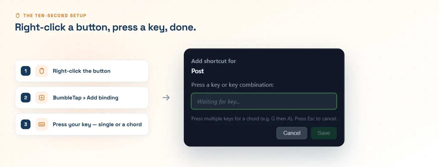 Three steps — right-click the button, choose BumbleTap then Add binding, press your key — beside the extension's key recorder waiting for a keypress.