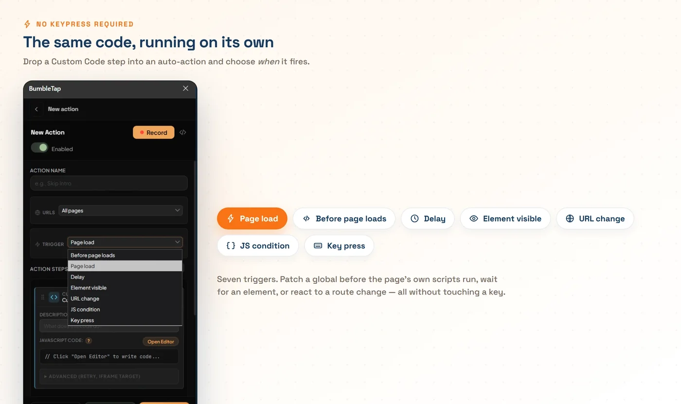 The BumbleTap side panel showing a Custom Code auto-action step with the trigger dropdown open, listing Before page loads, Page load, Delay, Element visible, URL change, JS condition, and Key press.
